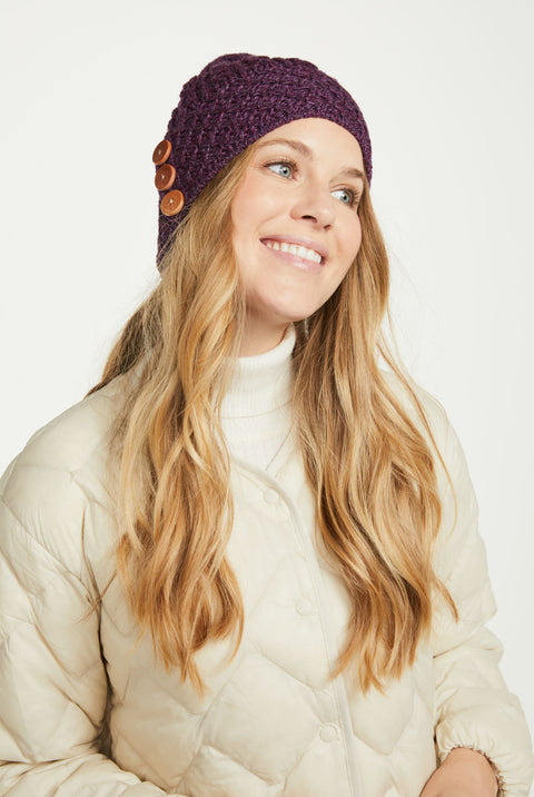 Shrule Aran Hat with Pom Pom - Purple