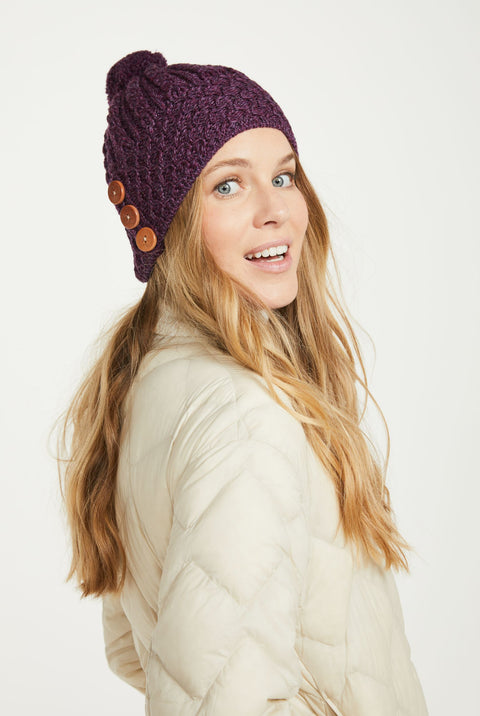 Shrule Aran Hat with Pom Pom - Purple