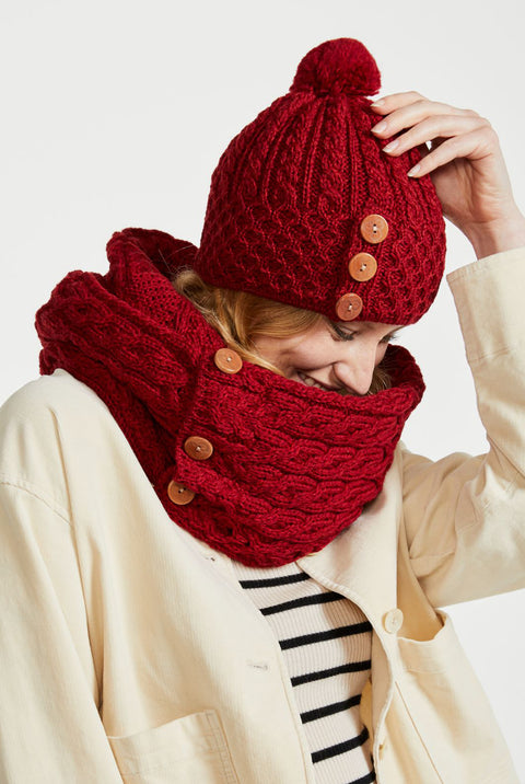 Shrule Aran Hat with Pom Pom - Red