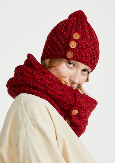 Merino wool, Hat & Scarf, wool hats, Arran knitwear, knitwear, red, gift, Ireland, Pom pom, ladies hats