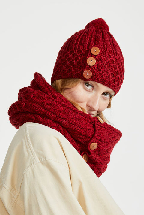 Shrule Aran Hat with Pom Pom - Red