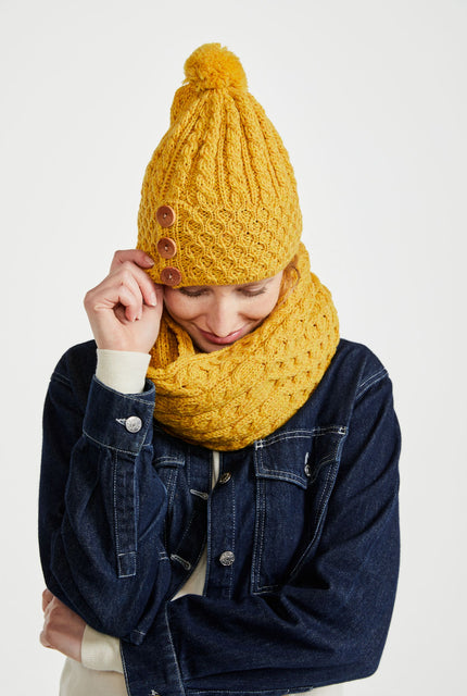 Ladies' hat, merino wool, wool hats,aran, knitwear, made in Ireland, Hat & Scarf, gift, yellow hats, Ireland, pom pom