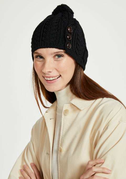 Hat & Scarf, merino wool, made in Ireland, knitwear, black hats,aran hat, ladies hat, Ireland