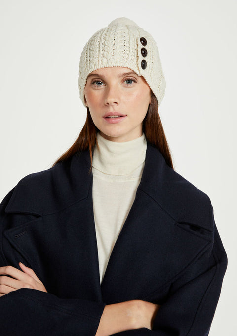 Hat & Scarf, merino wool, made in Ireland, knitwear,aran hat, ladies hat, Ireland, pom pom, gift,cream