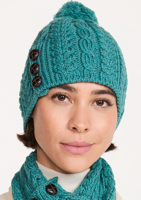Bonnet Cong Aran en laine mérinos avec pompon - Vert