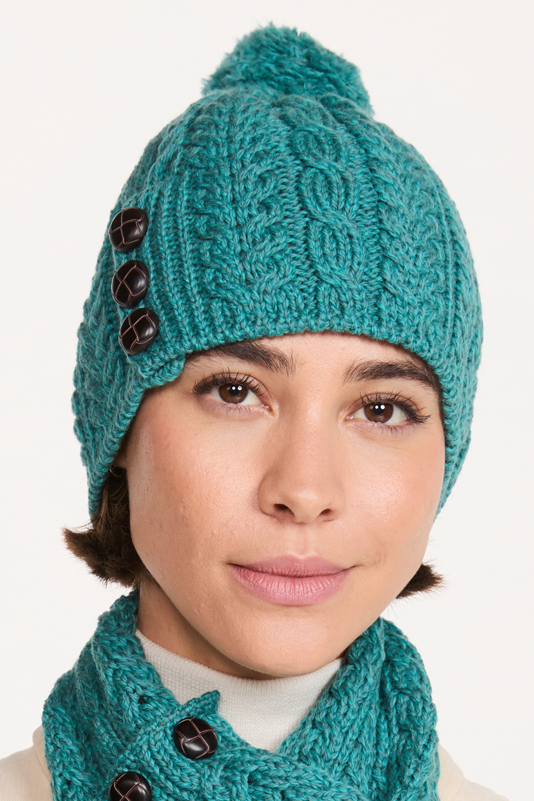 Cong Aran Merino Hat with Pom Pom - Teal