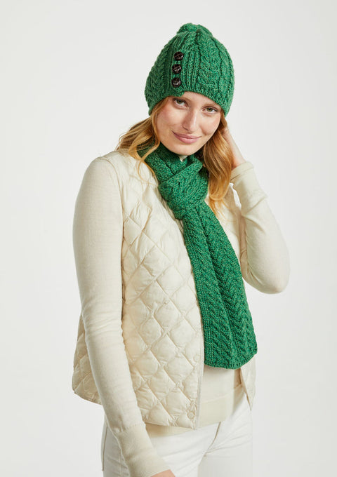 Hat & Scarf, merino wool, made in Ireland, knitwear,aran hat, ladies hat, Ireland, pom pom, gift,green