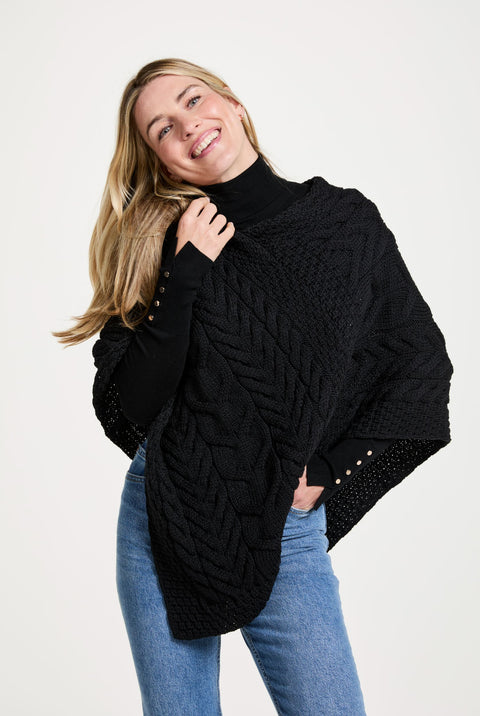 Aasleagh Falls Ladies Aran Poncho - Black