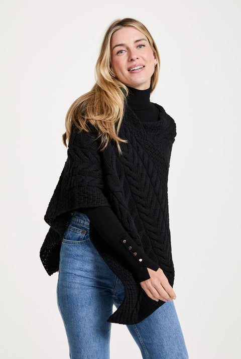 Aasleagh Falls Damen Aran Poncho - Schwarz