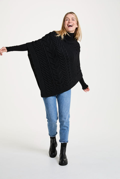 Aasleagh Falls Ladies Aran Poncho - Black