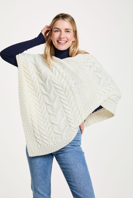 Merino wool, poncho, Ireland, wool poncho, shawl, knitwear, cream, aran, made in Ireland, cable knit