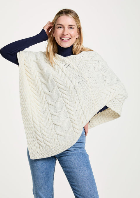 Merino wool, poncho, Ireland, wool poncho, shawl, knitwear, cream, aran, made in Ireland, cable knit