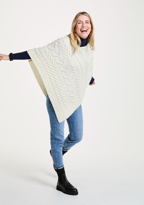 Merino wool, poncho, Ireland, wool poncho, shawl, knitwear, aran, made in Ireland, cable knit,cream