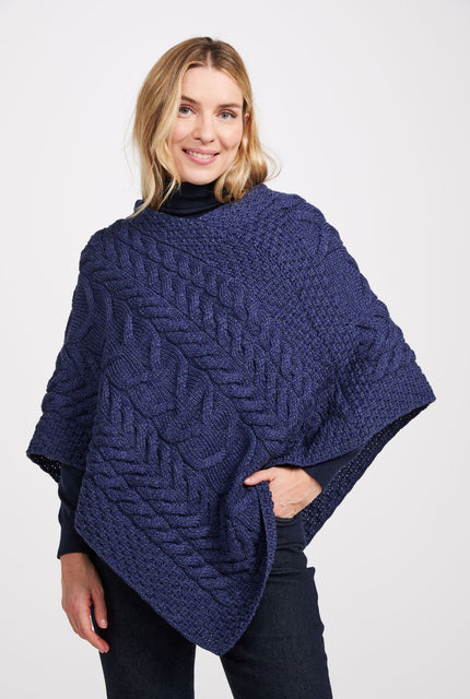 Merino wool poncho, Ireland, wool aran poncho, shawl, knitwear, navy poncho, aran poncho