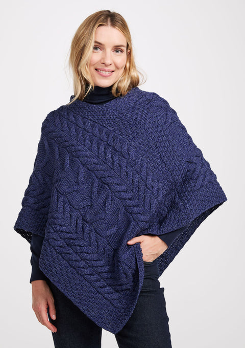 Merino wool poncho, Ireland, wool aran poncho, shawl, knitwear, navy poncho, aran poncho