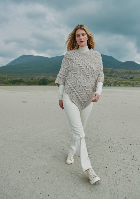 Merino wool, poncho, Ireland, wool poncho, shawl, knitwear, oat, Ireland，aran