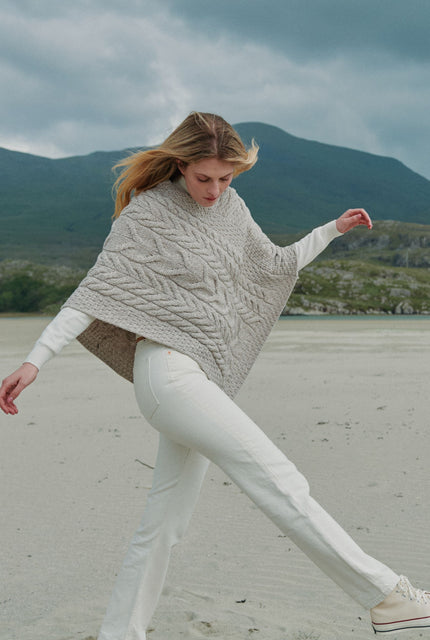 Merino wool, poncho, Ireland, wool poncho, shawl, knitwear, aran, made in Ireland, cable knit,oat