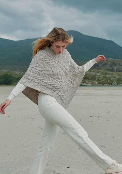 Merino wool, poncho, Ireland, wool poncho, shawl, knitwear, aran, made in Ireland, cable knit,oat