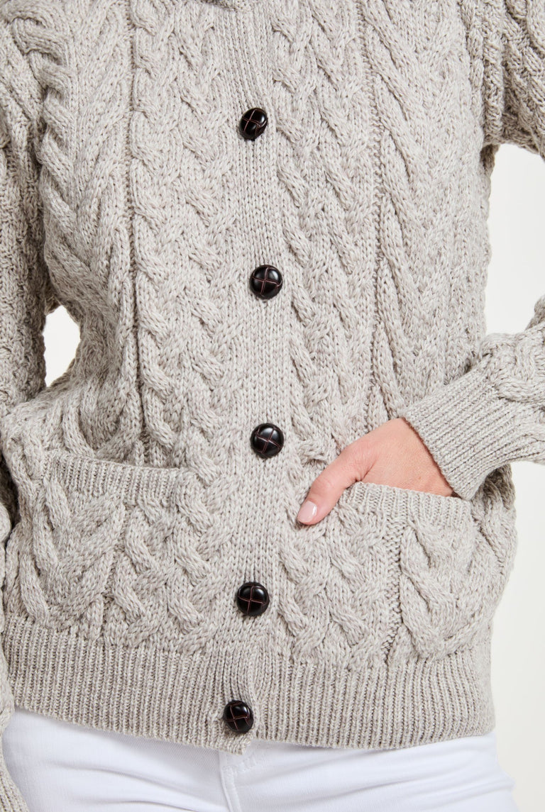 Cleggan Ladies Aran Crew Neck Cardigan - Oat