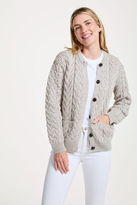 Cleggan Ladies Aran Crew Neck Cardigan - Oat