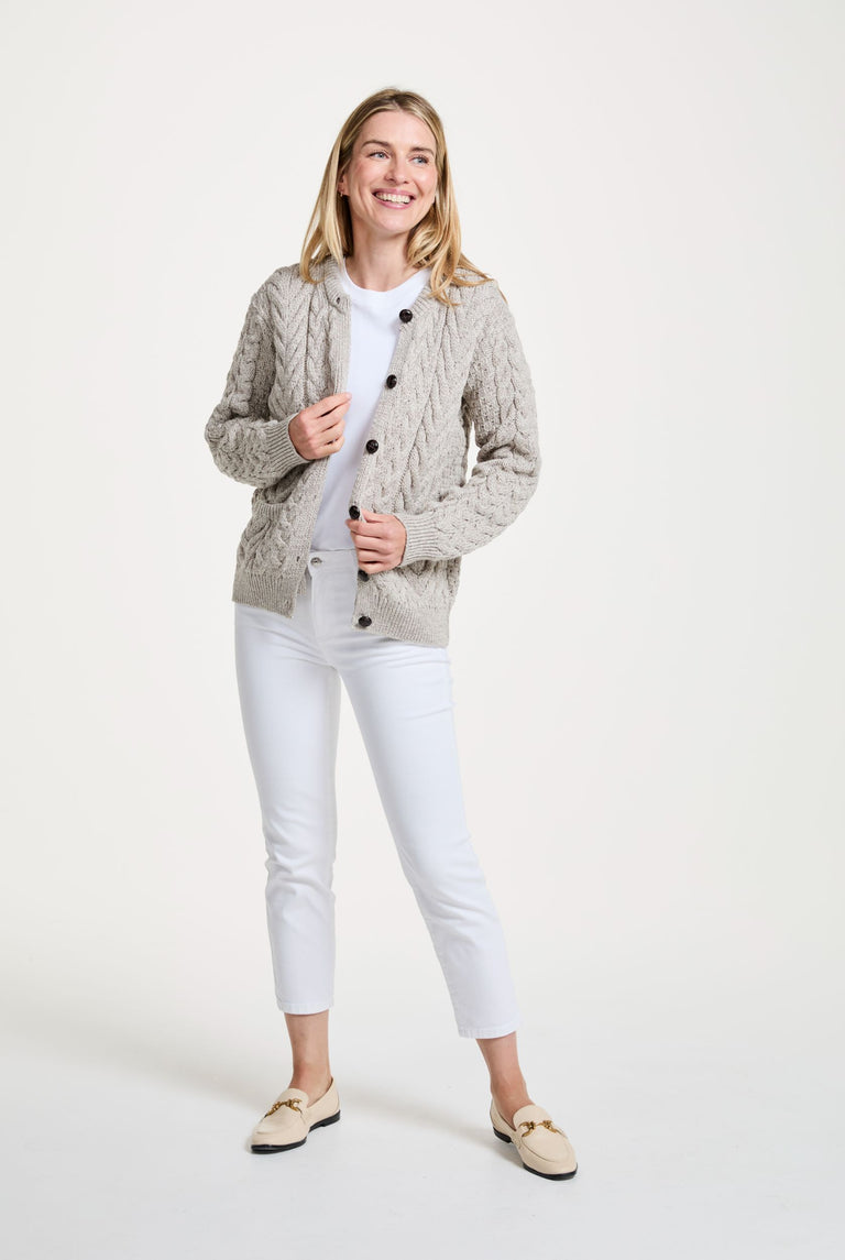 Cleggan Ladies Aran Crew Neck Cardigan - Oat