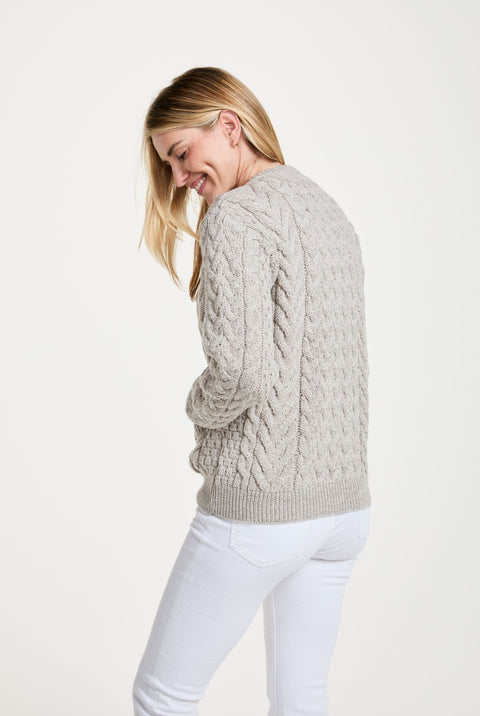 Cleggan Ladies Aran Crew Neck Cardigan - Oat