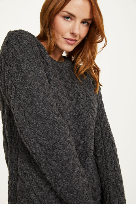 Omey Ladies Aran Crew Neck Sweater -  Charcoal