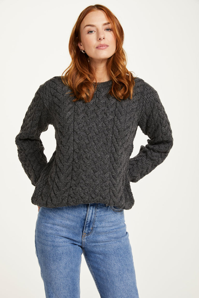 Omey Ladies Aran Crew Neck Sweater - Charcoal
