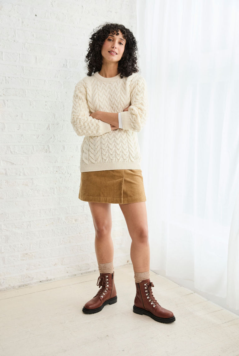 Omey Damen Aran Pullover mit Rundhalsausschnitt - Creme