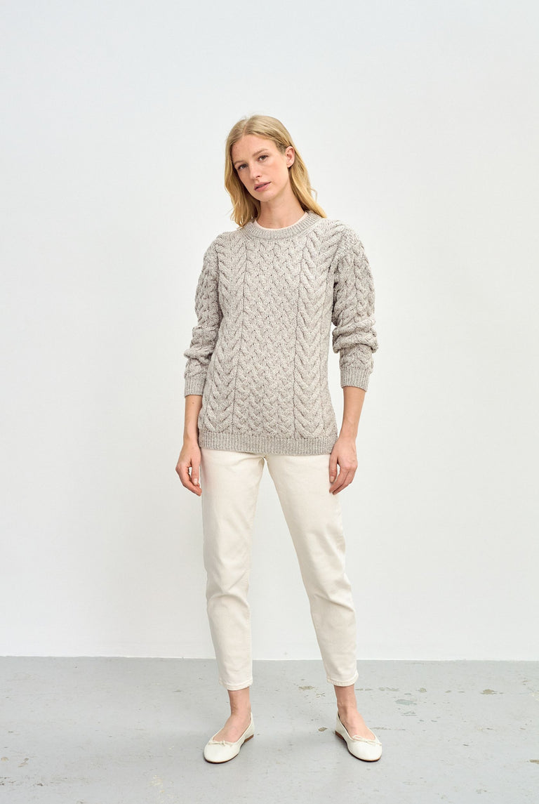 Omey Ladies Aran Crew Neck Sweater - Oat