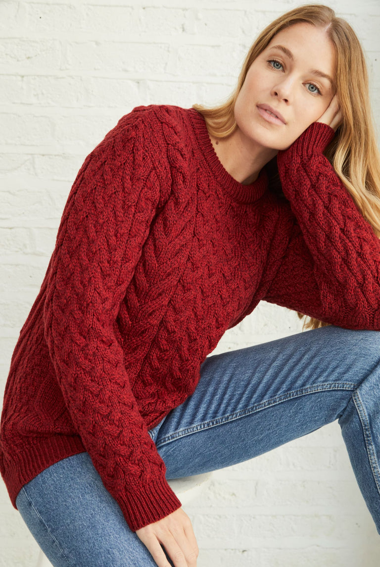 Omey Ladies Aran Crew Neck Sweater - Rua Red