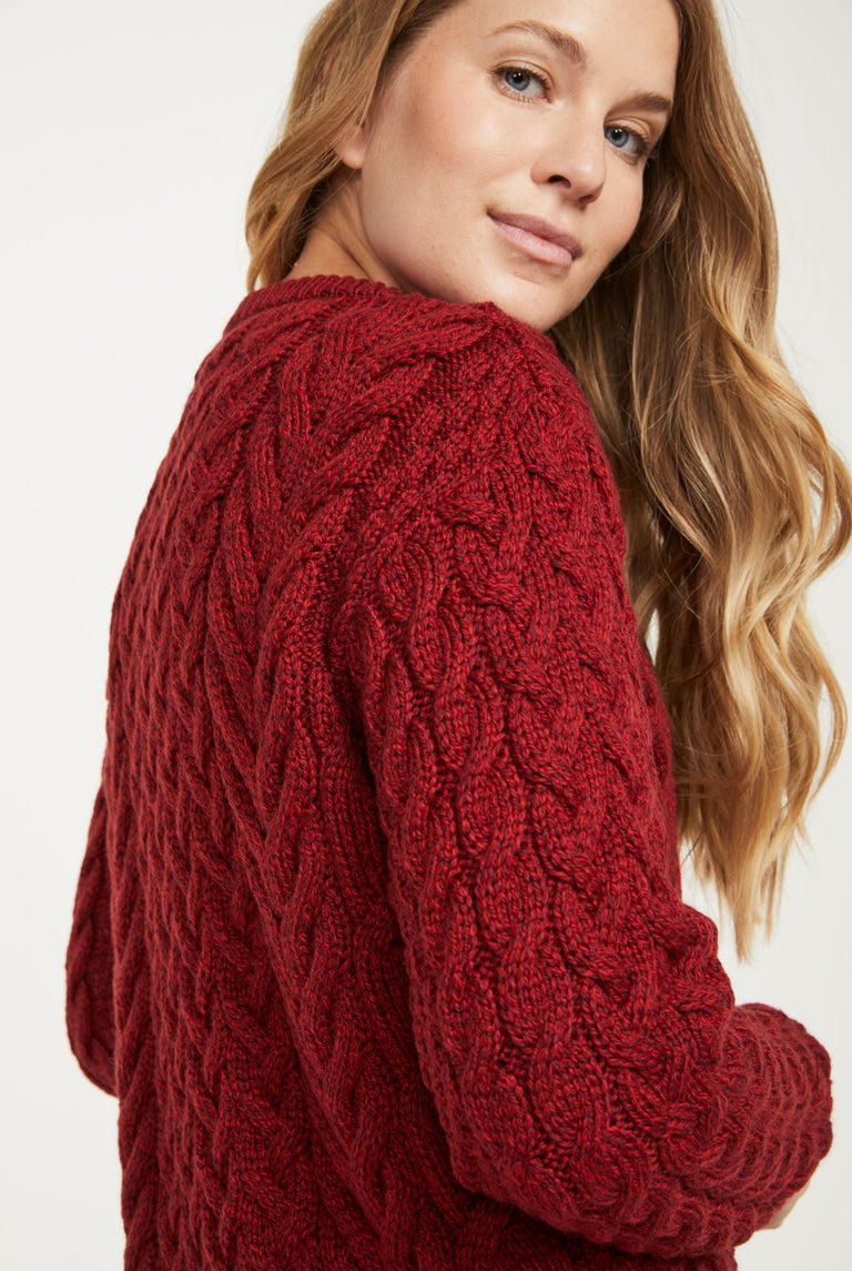 Omey Ladies Aran Crew Neck Sweater - Rua Red