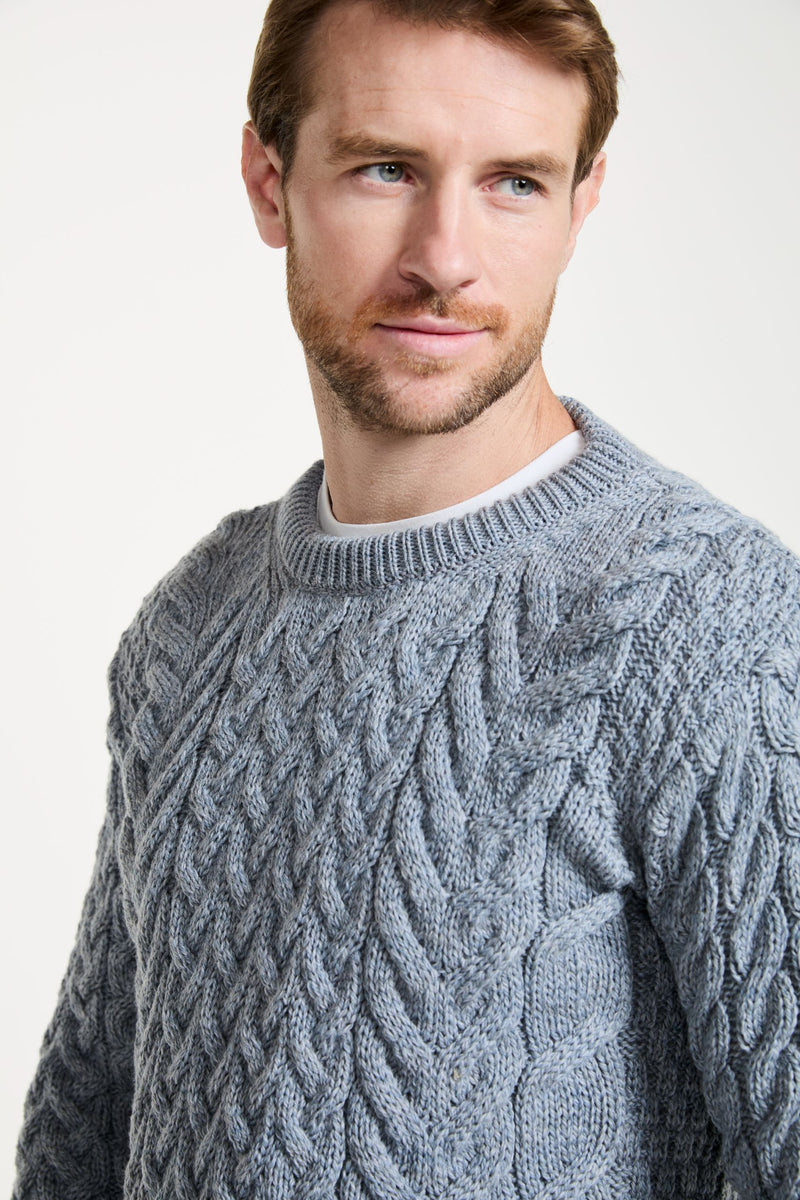 Merino wool sweater, Unisex, wool jumper, made in Ireland, knitwear, crew neck sweater,aran sweater, blue,aran knit, cable knit, men's jumper