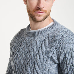 Omey Mens Aran Crew Neck Sweater - Blue
