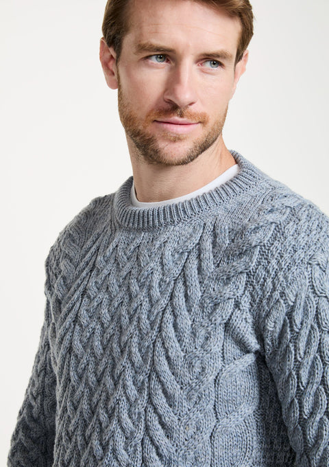Merino wool sweater, Unisex, wool jumper, made in Ireland, knitwear, crew neck sweater,aran sweater, blue,aran knit, cable knit, men's jumper