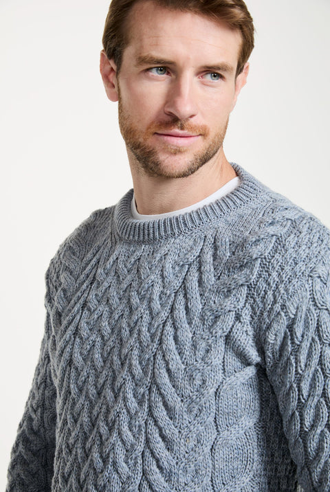 Omey Mens Aran Crew Neck Sweater - Blue