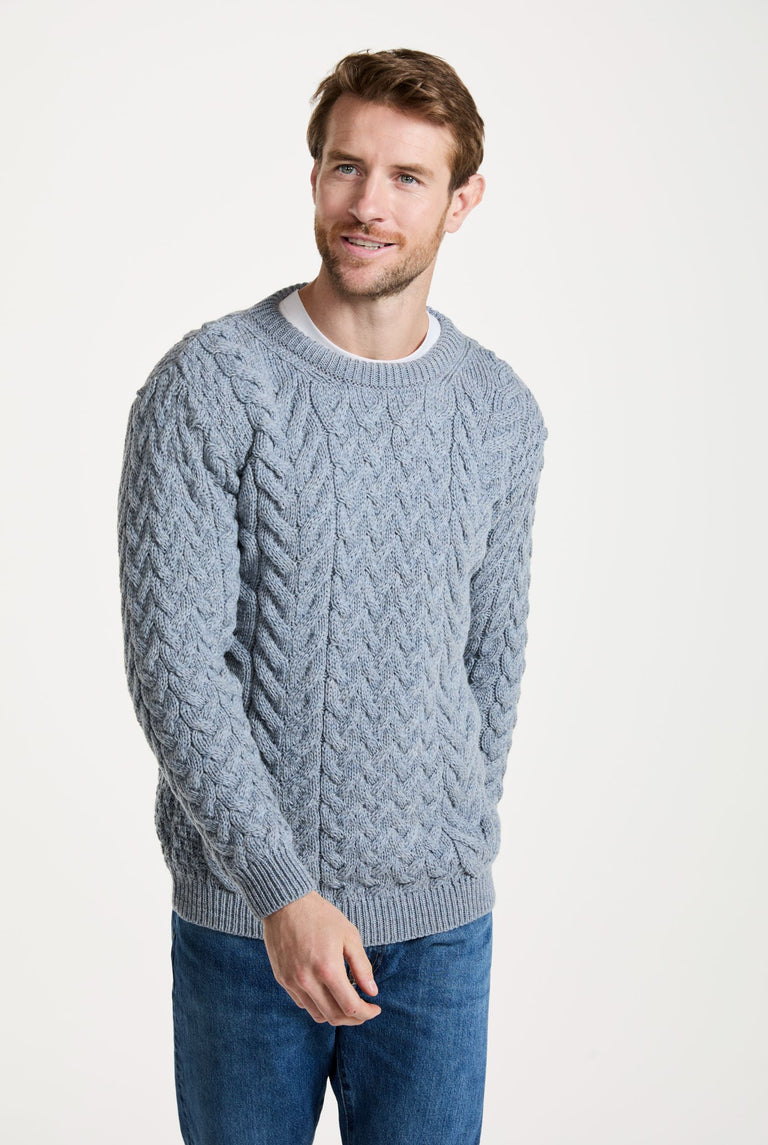 Omey Mens Aran Crew Neck Sweater - Blue