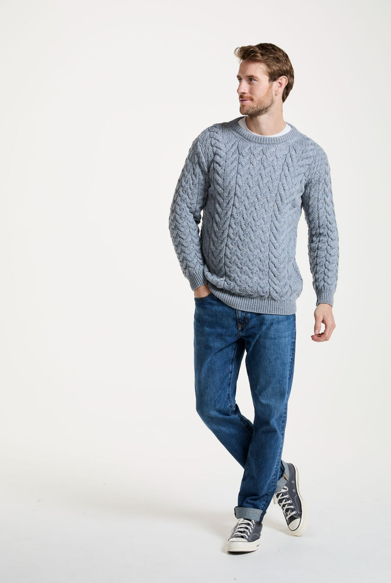 Omey Mens Aran Crew Neck Sweater - Blue