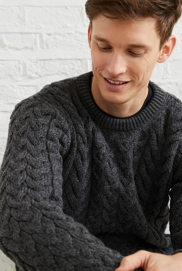 Omey Mens Aran Crew Neck Sweater - Charcoal