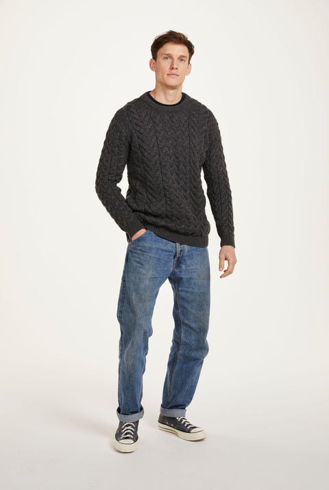 Omey Mens Aran Crew Neck Sweater - Charcoal