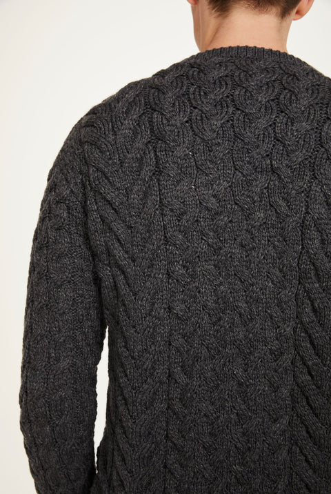 Omey Mens Aran Crew Neck Sweater - Charcoal