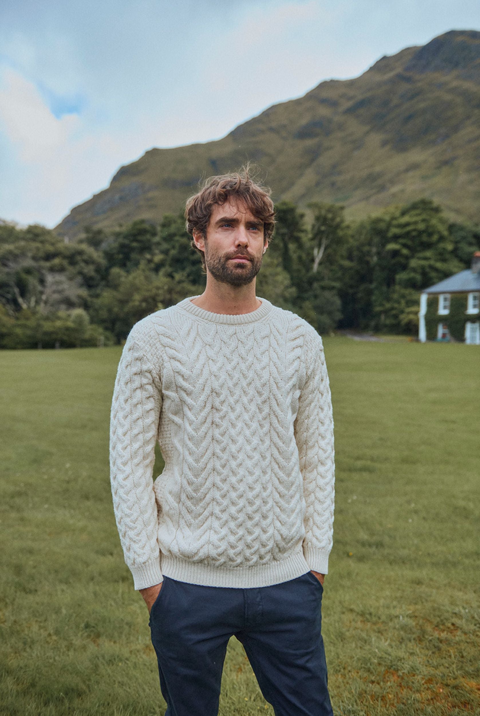 Mens Aran Wool CrewNeck Sweater Cream Aran Woollen Mills