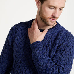 Omey Mens Aran Crew Neck Sweater - Navy