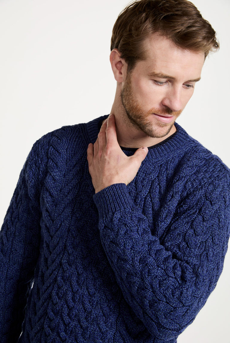 Omey Mens Aran Wool Crew Neck Sweater Navy