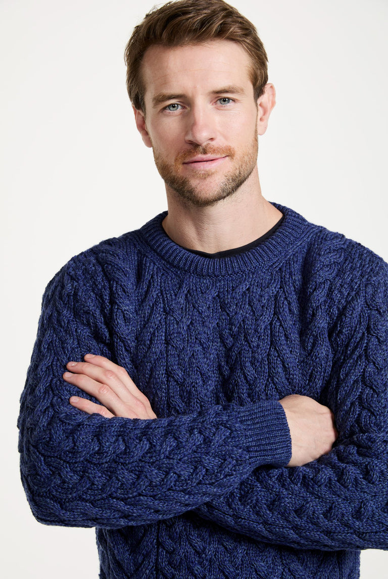 Omey Mens Aran Crew Neck Sweater - Navy