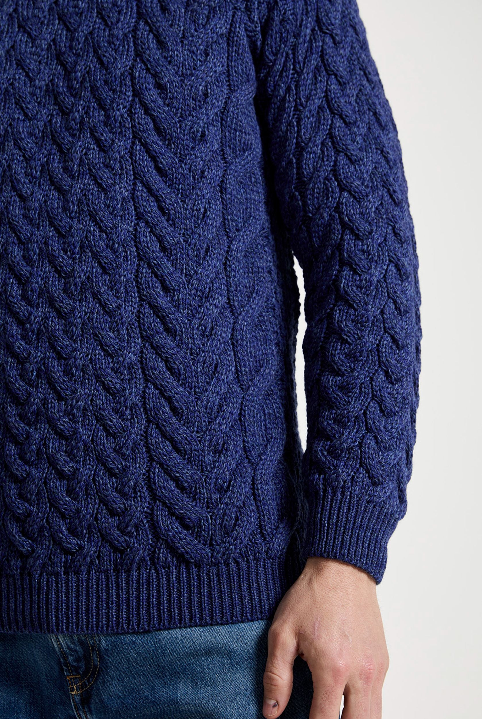 Omey Mens Aran Wool Crew Neck Sweater Navy