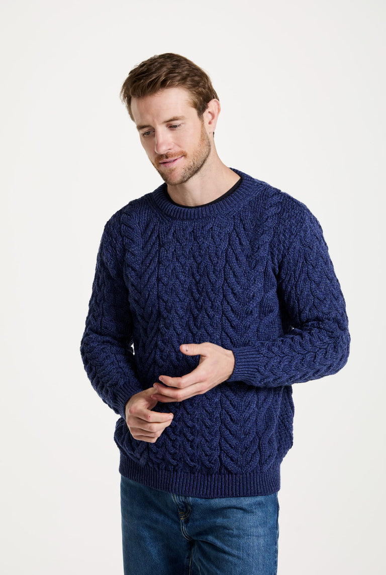 Omey Mens Aran Crew Neck Sweater - Navy