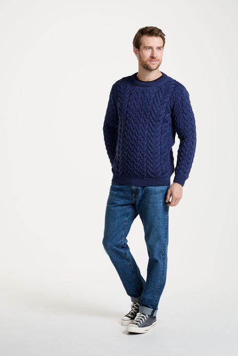 Omey Mens Aran Crew Neck Sweater - Navy