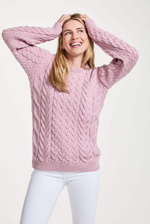 Omey Ladies Aran Crew Neck Sweater - Pink