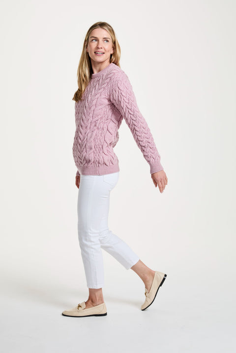 Omey Ladies Aran Crew Neck Sweater - Pink